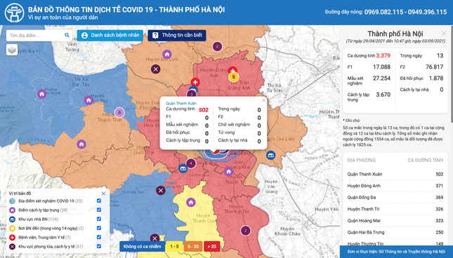 Bản đồ màu về dịch COVID-19 ở Hà Nội
