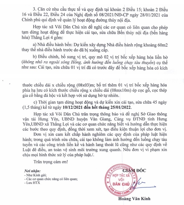 Hợp tác xã Vôi Dân Chủ có dấu hiệu vi phạm Luật đê điều UBND huyện Văn Giang quyết định thanh tra